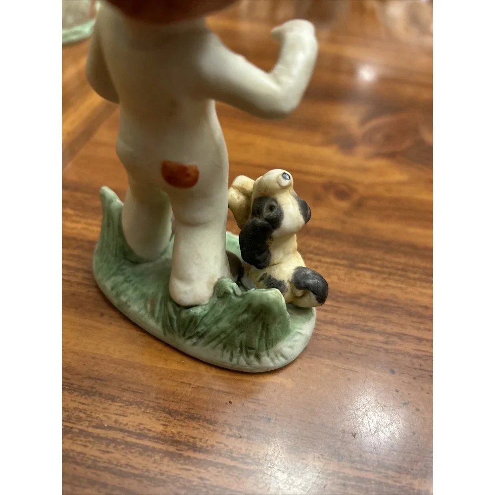 Little Boy Figurine Overalls Red Pocket Cocker‎ Spaniel Dog